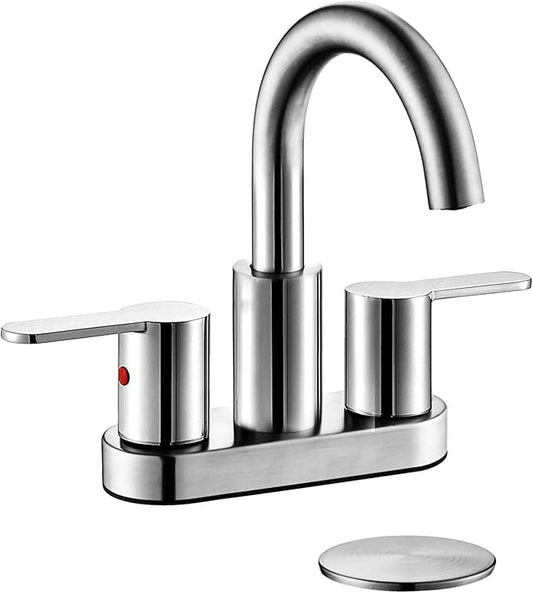 Chrome 4 Inch Centerset Bathroom Sink Faucet 3 Holes with Pop up Drain, High Arc Modern 2 Handle Bathroom Vanity Lavatory Faucet with Brass 360° Swivel Spout, TAF067E-CP