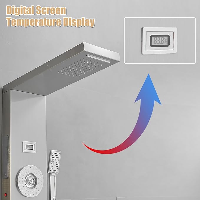 6 in 1 Shower Panel Tower System, Rainfall Shower Tower Systems w/LED and Digital Display Stainless Steel Shower Panels with Waterfall Tub Spout Massage Jets Handheld Head Nickel and Chrome
