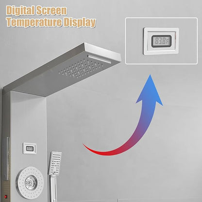6 in 1 Shower Panel Tower System, Rainfall Shower Tower Systems w/LED and Digital Display Stainless Steel Shower Panels with Waterfall Tub Spout Massage Jets Handheld Head Nickel and Chrome