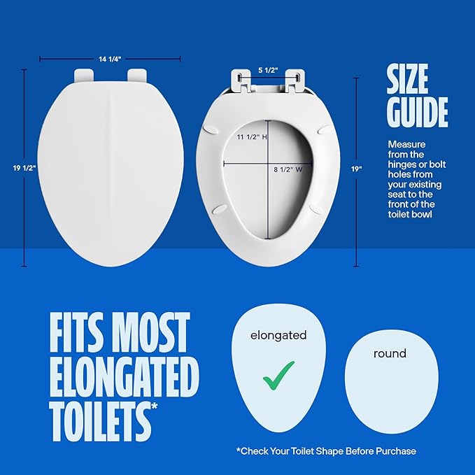 HIGHCRAFT Premium Elongated Toilet Seat with Adjustable Hinges - Molded Plastic Toilet Seat - Fits Standard Elongated Toilets - Oval Seat in White