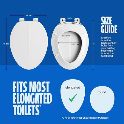 HIGHCRAFT Premium Elongated Toilet Seat with Adjustable Hinges - Molded Plastic Toilet Seat - Fits Standard Elongated Toilets - Oval Seat in White