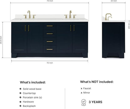DKB Emilia 72 Inch Bathroom Vanity Double Sink — Midnight Blue Bathroom Vanity with Sink, 1.5" Edge Pure White Quartz Countertop & Backsplash, 4 Soft-Close Doors, and 6 Dovetail Drawers