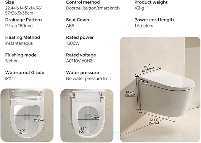 MEJE #T010G - Wall Hung Smart Toilet,Wall Hung Toilet with Bidet Combo, Build In Water Tank, Heated Seat,Warm Water,Dryer,Auto Flush, Foot Sensor Open/Close Lid & Flush (No need additional Water Tank)