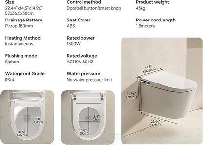 MEJE #T010G - Wall Hung Smart Toilet,Wall Hung Toilet with Bidet Combo, Build In Water Tank, Heated Seat,Warm Water,Dryer,Auto Flush, Foot Sensor Open/Close Lid & Flush (No need additional Water Tank)
