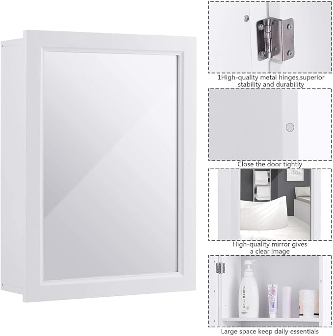 LDAILY LUARANE Bathroom Medicine Cabinet with Mirror, Wall Mounted Mirror Cabinet with Adjustable Shelf, Storage Organizer Cabinet for Bathroom Room Living Room Entryway (White)
