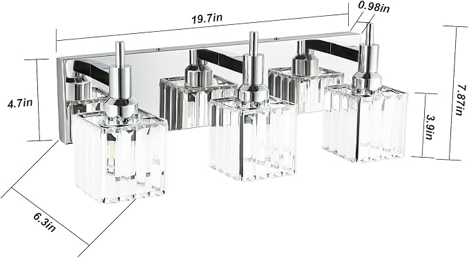 Modern Crystal Bathroom Vanity Light 3-Light Wall Light Fixtures Over Mirror Chrome Vanity Lighting for Bathroom Square Shade Wall Sconce