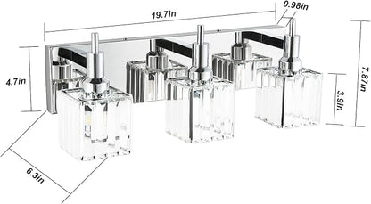 Modern Crystal Bathroom Vanity Light 3-Light Wall Light Fixtures Over Mirror Chrome Vanity Lighting for Bathroom Square Shade Wall Sconce