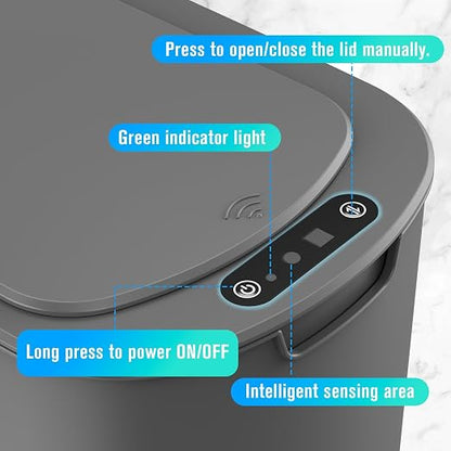 Cesun Automatic Small Bathroom Trash Can with Lid, 2.6 Gallon, Grey | Motion Sensor, Plastic, Touchless, Odor Control, Smart Garbage Can, Battery Operated, Manual Button, for Office/RV/Bedroom