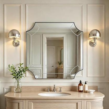 30"x30" Brushed Nickel Square Mirror, Silver Bathroom Mirror for Over Sink, Modern Mirror with Unique Notched Corner, Non-Rusting Vanity Mirror in Delicate Tessellated Glass Design