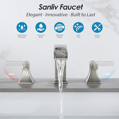 Brushed Nickel Waterfall Bathroom Faucet, Sanliv 3-Piece Wide Spread Bathroom Faucets for 3-Hole Sinks 4-8 inch, 2-Handle Vanity Faucet with Drain Assembly, Brushed Nickel