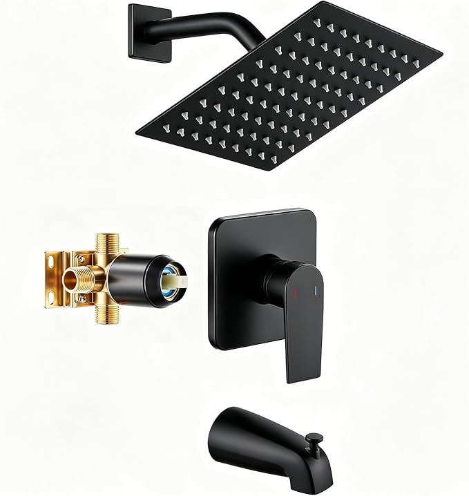 Tub Shower Faucet Set Valve Included with 8-Inch Rain Shower Head and Tub Spout Single-Handle Tub and Shower Trim Kit Matte Black