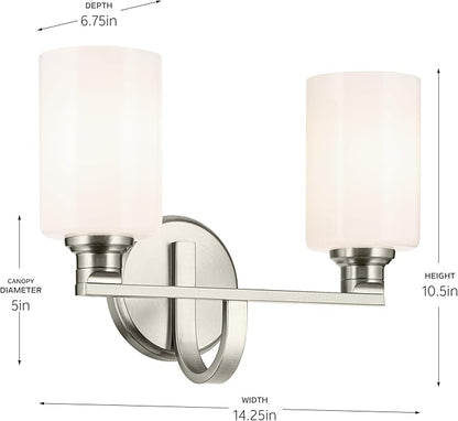 Kichler Gioe 14.25" 2-Light Vanity Light with Opal Glass in Brushed Nickel, Damp Rated, for Bathroom, Powder Room, Over a Mirror, (14.25" W x 10.5" H), 55225NI