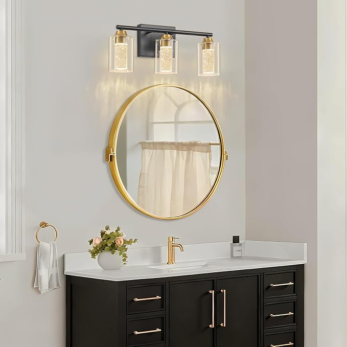 3-Light Black & Gold Bathroom Vanity Light with 3 Color Modes (3000K/4000K/6000K), Dimmable Modern Wall Light Over Mirror with Clear Glass Shade