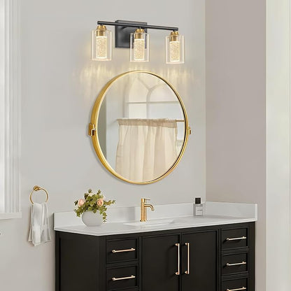 3-Light Black & Gold Bathroom Vanity Light with 3 Color Modes (3000K/4000K/6000K), Dimmable Modern Wall Light Over Mirror with Clear Glass Shade