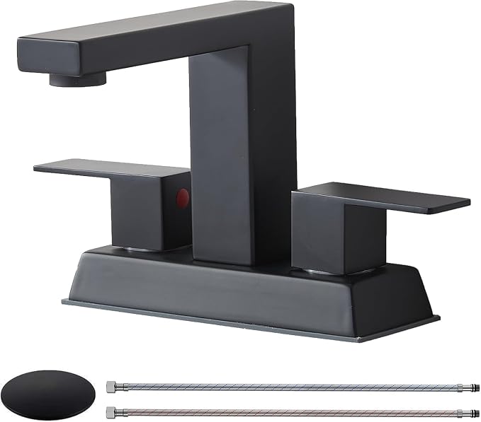 Black 2 Handle Centerset Bathroom Faucet,Matte Black 4 Inch Bathroom Sink Faucet Modern Vanity Faucets for Sink 3 Hole Lavatory Bath Faucet with Lead-Free Supply Hose and Pop up Drain