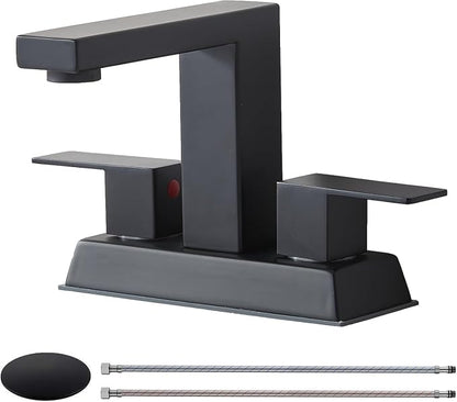 Black 2 Handle Centerset Bathroom Faucet,Matte Black 4 Inch Bathroom Sink Faucet Modern Vanity Faucets for Sink 3 Hole Lavatory Bath Faucet with Lead-Free Supply Hose and Pop up Drain