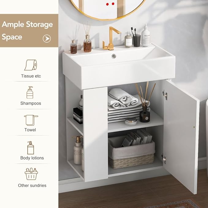 22" Small Bathroom Vanity with Sink, Floating Vanity for Bathrooms with Soft-Close Door and Open Shelf, Wall Mounted Narrow Bathroom Vanities for Compact Bathrooms (White,22" Floating Left Shelf)