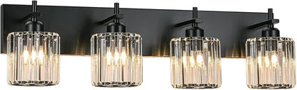 Black Crystal Bathroom Vanity Lights, Modern 4-Lights Bathroom Lighting Fixtures Over Mirror, Crystal Wall Lighting with Round Shade