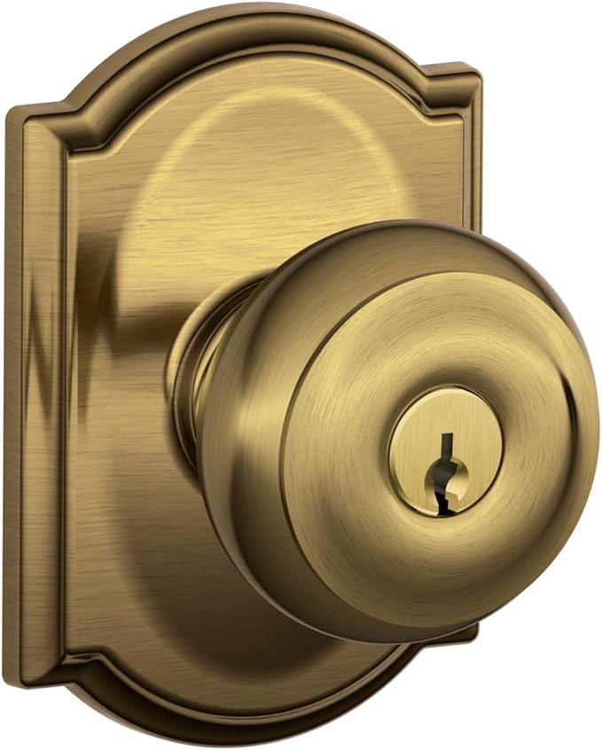 SCHLAGE F51A GEO 609 CAM Georgian Knob with Camelot Trim Keyed Entry Lock, Antique Brass