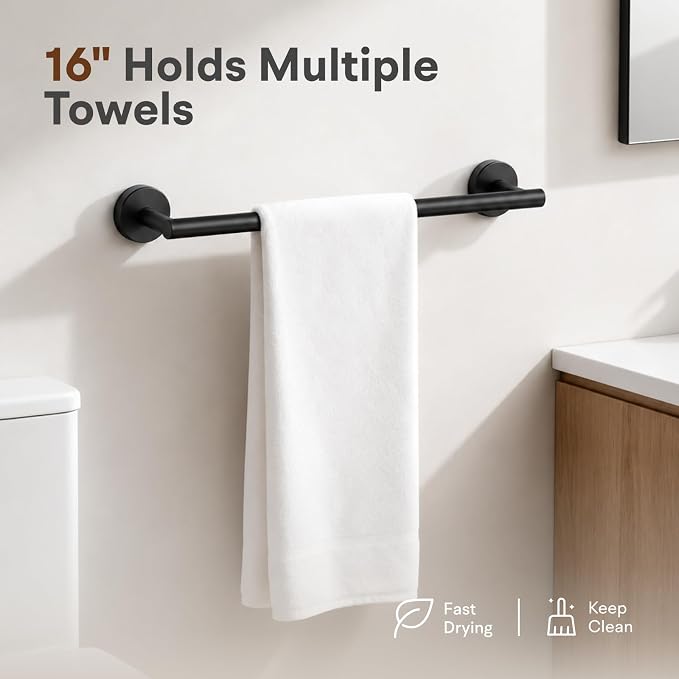 16 Inch Matte Black Bathroom Towel Bar, 2 Pieces Towel Racks for Bathroom SUS304 Thicken Stainless Steel Towel Holder