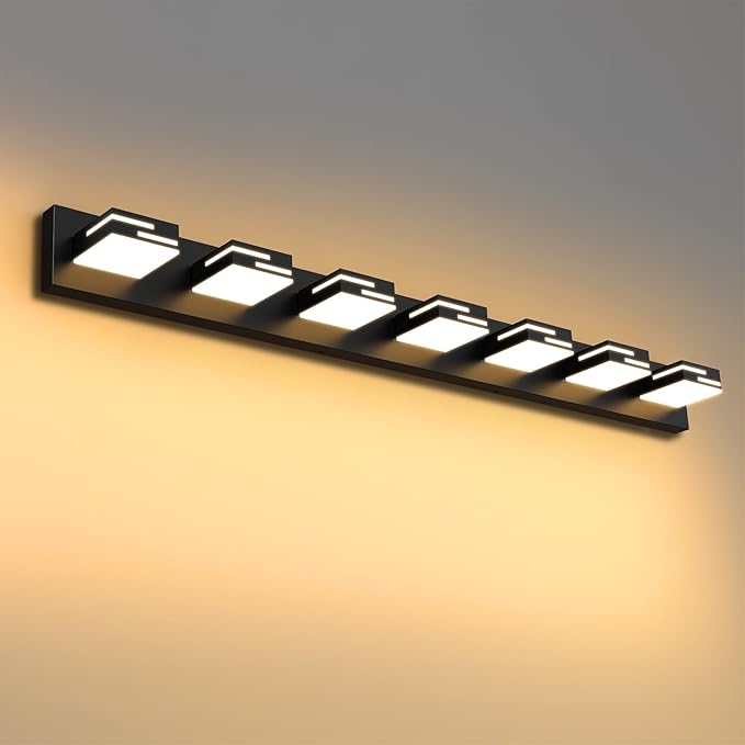 LED Modern Bathroom Vanity Light Fixtures 7-Light 5CCT Dimmable Matte Black Vanity Lights for Bathroom Lighting Fixtures Over Mirror, with 350° Rotatable Acrylic Heads, 48-inch