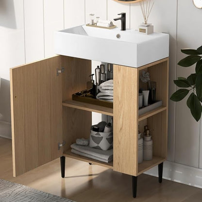 22" Small Bathroom Vanity with Sink, Morden Bathroom Vanities with Soft-Close Door and Open Shelf, Freestanding Narrow Vanity for Compact Space-Saving Bathrooms (Wood,22" Freestanding Right Shelf)