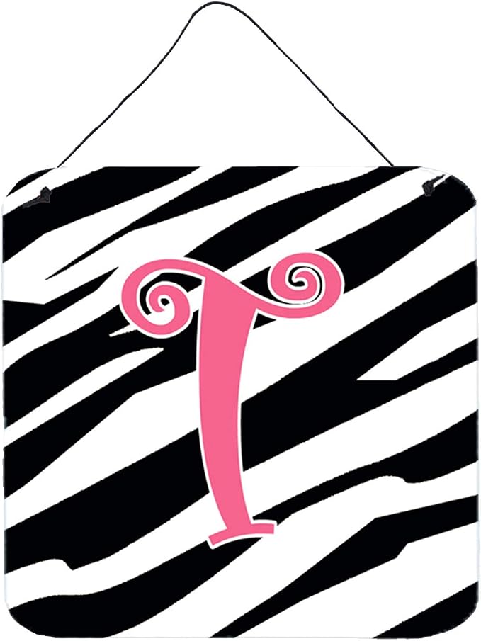 Caroline's Treasures CJ1037-TDS66 Letter T Initial Zebra Stripe and Pink Wall or Door Hanging Prints Aluminum Metal Sign Kitchen Wall Bar Bathroom Plaque Home Decor, 6x6, Multicolor