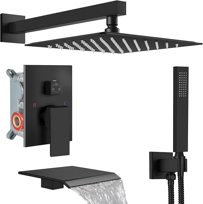 Midanya Shower System with Tub Spout,12 Inch Shower Head,Matte Black | with Valve & Trim Kit,Square Rain Head,Handheld Sprayer,Waterfall Spout,All Metal Wall Mount Bathroom Shower Tub Faucet Set