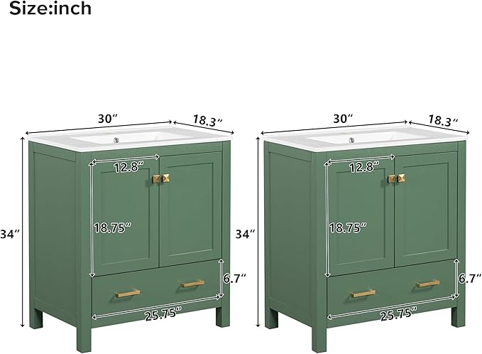 HABITRIO 60" Bathroom Vanity Set with Double Vanities (Separate), Double Ceramic Sinks, Storage Shelf, and Divided Drawers (Mirror not Included), Green