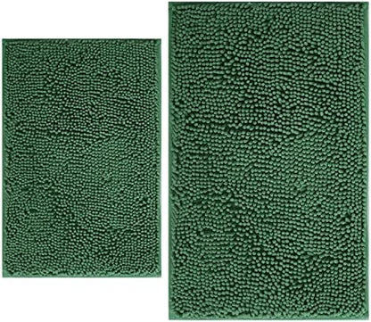 BOANKODU Bathroom Rugs Sets 2 Piece, Extra Soft Chenille Bath Mat Absorbent Bathroom Rug, Bathroom Mat with PVC Non-Slip Bottom, Machine Washable Bath Rugs (32x20 Inch + 24x16 Inch, Dark Green)