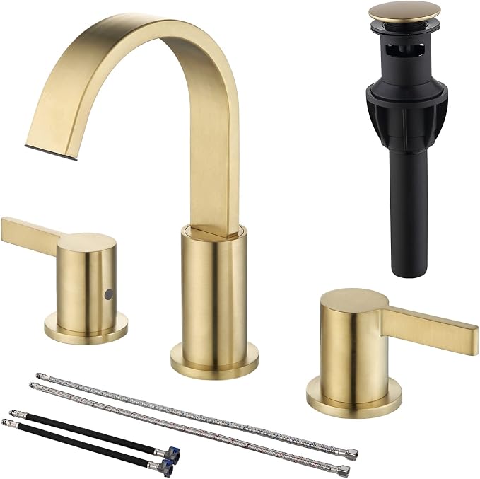 TRUSTMI 8 Inch Widespread Brushed Gold Bathroom Faucet 3 Hole 2 Handle Brass Vanity Sink Faucet with 360 Degree Swivel Spout, Overflow Drain and cUPC Waterlines