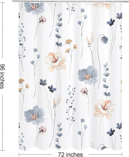 Blue Beige Watercolor Floral Fabric Shower Curtain, 72x96 | Waterproof Fabric, Modern Minimalist Floral Print, Machine Washable, Rustproof Grommets, for Bathroom Home, Extra Long