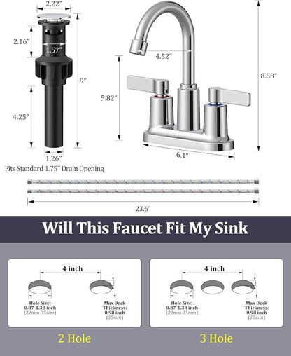2 Pack Chrome 4 Inch Centerset Bathroom Sink Faucet 3 Hole | Faucet for Bath Sink with Pop Up Drain and 2 Supply Hoses 2 Handle Bathroom Faucets for Sink Vanity RV Evolvegoods