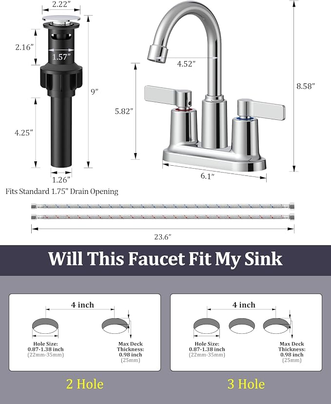 Chrome Bathroom Sink Faucet 3 Hole 4 Inch Centerset Bathroom Faucets | Faucet for Bathroom Sink with Pop Up Drain and 2 Supply Hoses 2 Handle Bathroom Faucet for Sink Vanity RV Evolvegoods