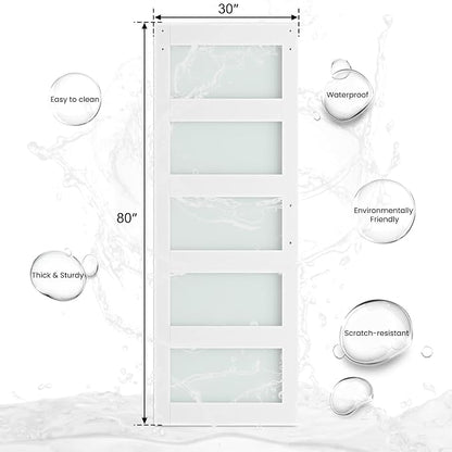 SMARTSTANDARD 30 x 80 in Glass Barn Door with 5FT Sliding Hardware Kit | Pre-Drilled Ready to Assemble, Waterproof PVC Coating, White, 5-Panel Glass