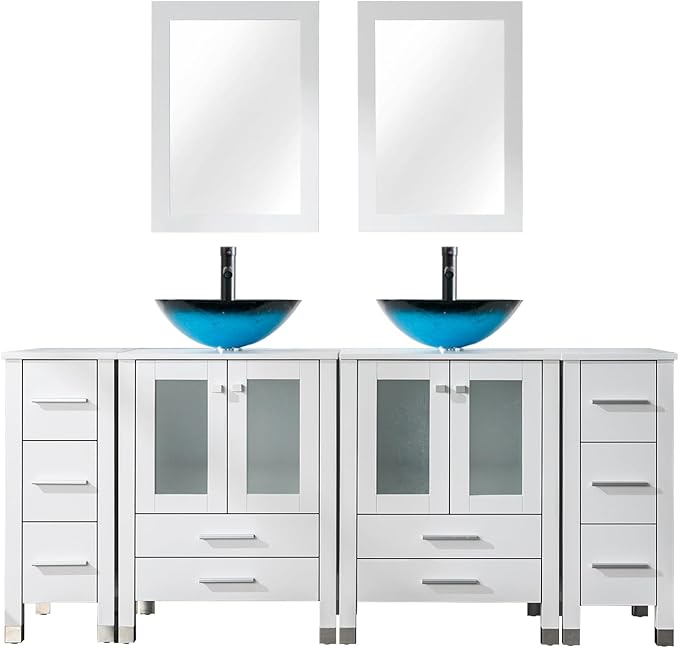 LUCKWIND 72" Double 24-in Bathroom Vanity with Sink Combo, Elegant Series with Two 12.6-in Side Cabinets, Painted Frame, Including Turquoise Square Sinks, Faucets Without Mirrors, White