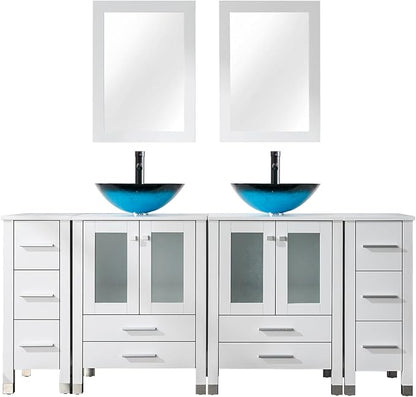LUCKWIND 72" Double 24-in Bathroom Vanity with Sink Combo, Elegant Series with Two 12.6-in Side Cabinets, Painted Frame, Including Turquoise Square Sinks, Faucets Without Mirrors, White