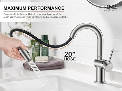KENES Brushed Nickel Bathroom Faucet with Pull Down Sprayer, Single Handle Bathroom Sink Faucet with Pull Out Sprayer, Vanity Faucet with Pop Up Drain & Deck Plate, KE-9065B