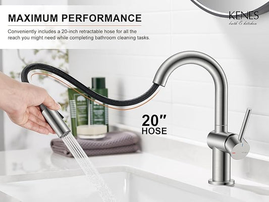 KENES Brushed Nickel Bathroom Faucet with Pull Down Sprayer, Single Handle Bathroom Sink Faucet with Pull Out Sprayer, Vanity Faucet with Pop Up Drain & Deck Plate, KE-9065B