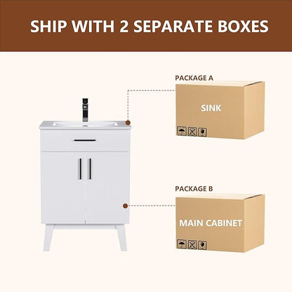 24" Bathroom Vanity with Sink, Vanity Combo with Two Soft Close Cabinet Doors, Modern Single Bathroom Cabinet Set with Metal Handles (White with Sink, 24)