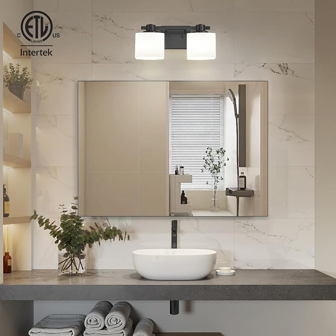 15.5 Inch Black Bathroom Light Fixtures over Mirror 2 Light Matte Black Vanity Light Milk Glass Makeup Shower Lamp Small Farmhouse Wall Sconce Modern Desk Vintage Rustic Bath above Sink Lighting