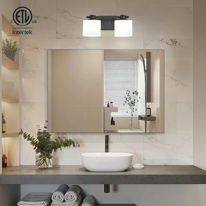 15.5 Inch Black Bathroom Light Fixtures over Mirror 2 Light Matte Black Vanity Light Milk Glass Makeup Shower Lamp Small Farmhouse Wall Sconce Modern Desk Vintage Rustic Bath above Sink Lighting