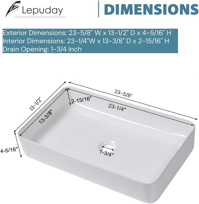 24 Inch Rectangular Bathroom Sink White Above Counter | 24"x14" Large Bathroom Sink Modern White Porcelain Ceramic Above Counter Vanity Sink Countertop Vessel Sink Art Basin