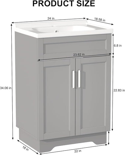 OLD CAPTAIN Double Door Bathroom Vanity with 24 Inch Sink, Quick Assembly Cabinet, White & Grey
