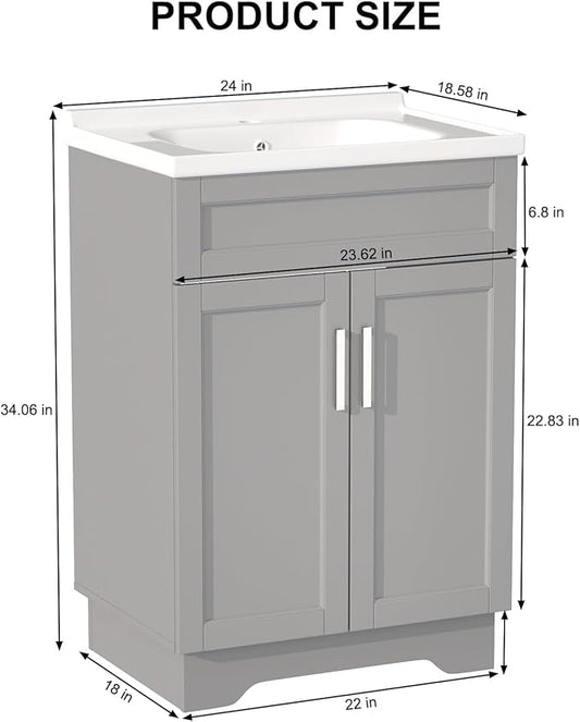 OLD CAPTAIN Bathroom Vanity with Ceramic Sink, Wooden Double Door Bathroom Storage Vanity with 24 Inch, Small Quick Assembly Cabinet with Sink, White (Grey)