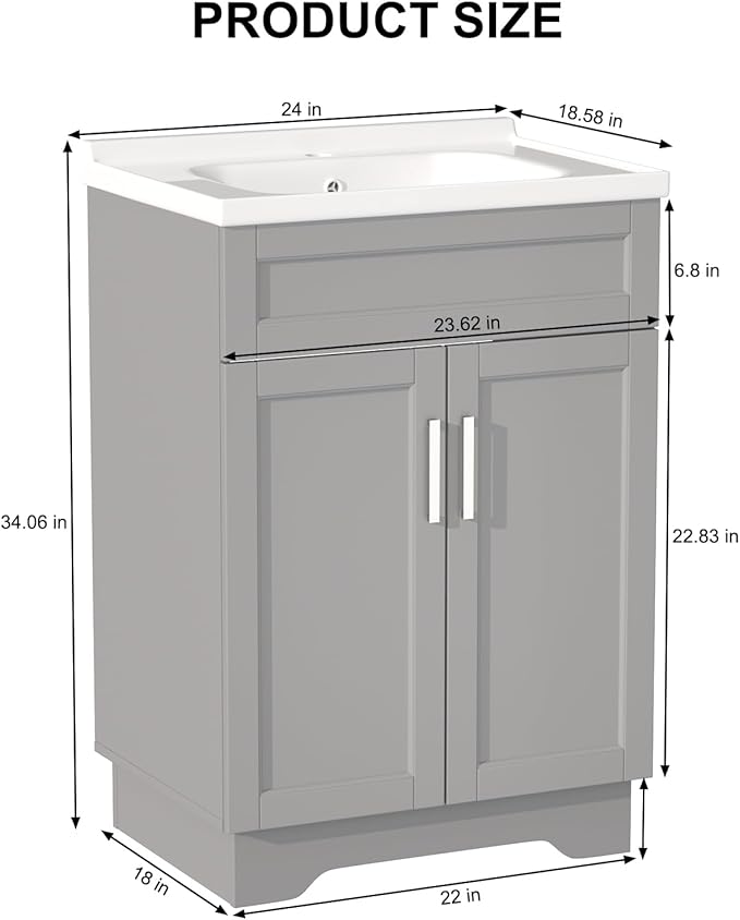 Bathroom Vanity with Ceramic Sink, Bathroom Vanity Cabinet with 2 Doors, 24 Inches Wooden Cabinet with Sink, Grey