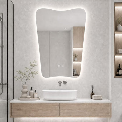 Irregular LED Bathroom Mirror, 24x36 Inch Asymmetrical Frameless Backlit Vanity Mirror with Anti-Fog, Dimmable 3-Color Lights, Tempered Glass, Touch Control, Vertical Wall Mounted