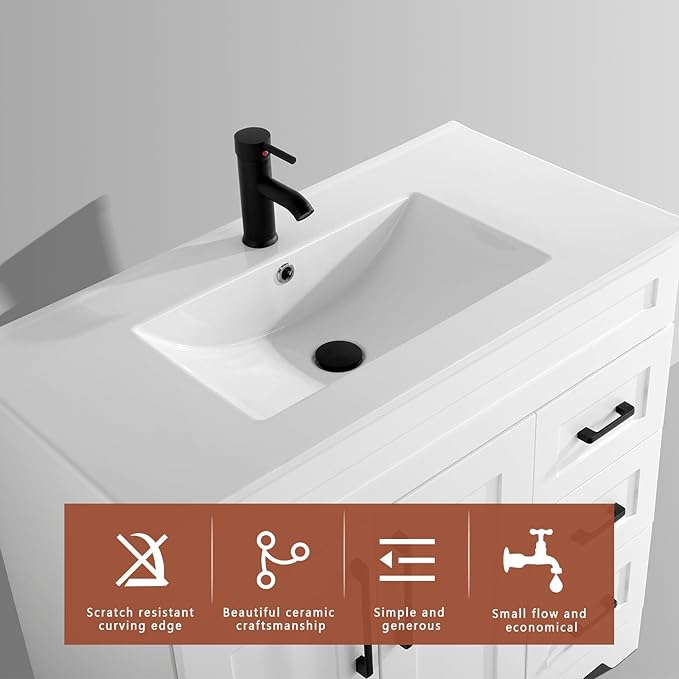 36" Bathroom Vanity with Sink,Plywood Construction Cabinet,2 Soft Closing Doors & 3 Full Extension Drawers Without Faucet Drain and Mirror, White Color