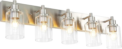 LOUSACE 5 Light Bathroom Vanity Light Brushed Nickel, Bathroom Lighting Fixtures with Clear Glass Shades Over Vanity Mirror, Modern Wall Sconces Fixtures for Bedroom Living Room, E26 Socket