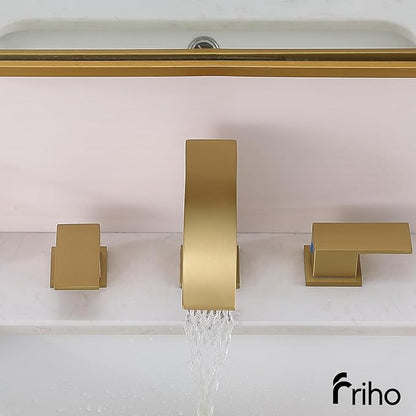 Friho Gold Waterfall Bathroom Faucets 3 Hole, 8 inch Widespread Square Bathroom Sink Faucet with Metal Pop-up Drain and Supply Lines, Two Handles for Vanity, Rv, Commercial, Restroom